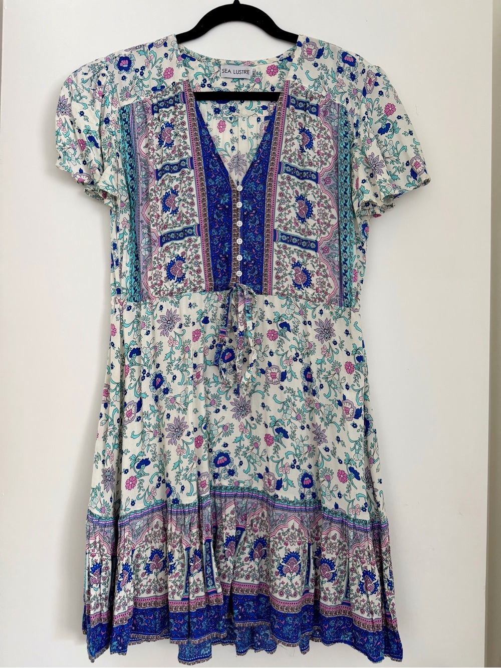 Sea Lustre White Floral Mini Dress with Blue & Purple Print Sz M/L